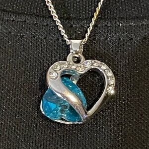 Silver and Blue Heart Necklace with imitation diamonds and Blue Stone Heart